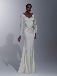 Elitara Elegant Minimalist Cream Satin Long Sleeve Pleated Front, Sexy Open Back Ruffle Trim Mermaid Hem Formal Gown, Evening Dress, Party Dress - Apricot - View 5