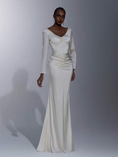 Elitara Elegant Minimalist Cream Satin Long Sleeve Pleated Front, Sexy Open Back Ruffle Trim Mermaid Hem Formal Gown, Evening Dress, Party Dress