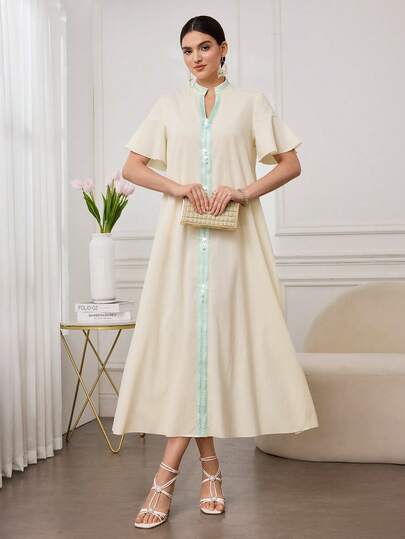 Al Najma 女士优雅纯色串珠刺绣立领短袖阿拉伯长裙，适合日常穿着