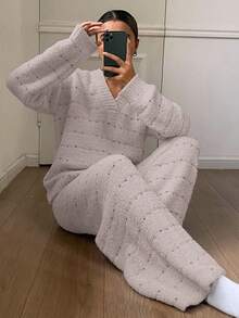 DAZY 2件套女士冬季条纹波点提花宽松睡衣套装 - 淺灰紫 - 查看 2