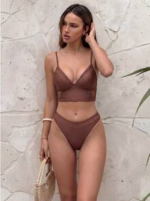 Bonvoyette Brown Embroidered Casual Women's Camisole & Tankini Swimsuit Set - Brown - View 2