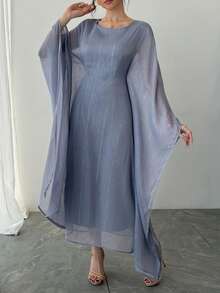 DAZY Women's Round Neck Waist Cinched Extra Long Sleeve Textured Fabric Elegant Dress - Blue - View 1