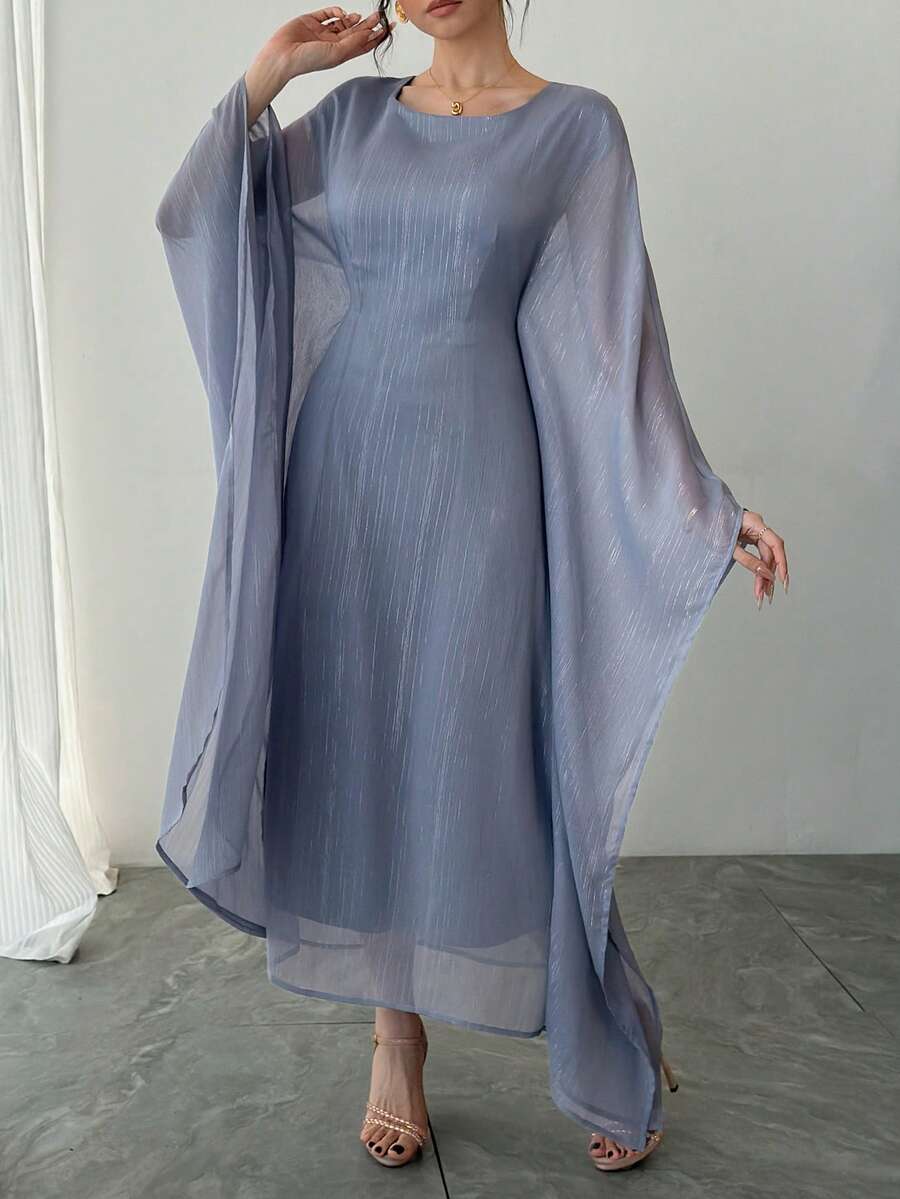 DAZY Women's Round Neck Waist Cinched Extra Long Sleeve Textured Fabric Elegant Dress - Blue - View 1