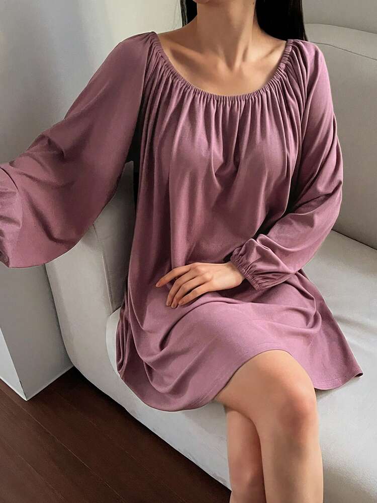 Minimalist Pleated Lantern Sleeve Loose Short Women Nightgown