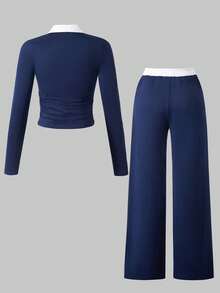 少女骑士印花撞色荷叶边领T恤和阔腿裤休闲装