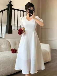 DAZY Women's Elegant Solid Color Textured Puff Sleeve Midi Dress, Summer Wedding Guest Dress Sundress - White - View 1