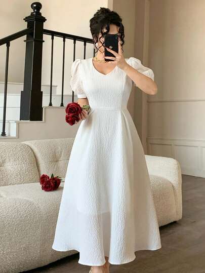 DAZY Women's Elegant Solid Color Textured Puff Sleeve Midi Dress, Summer Wedding Guest Dress