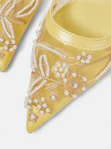 CUCCOO HITCHD 女士时尚优雅派对串珠刺绣网纱尖头高跟鞋 - 黃色 - 查看 11