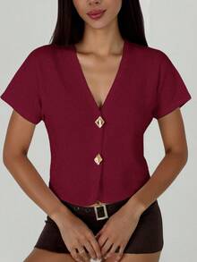 Aloruh 女士金属单排扣短袖休闲薄款开衫 - 酒紅色 - 查看 8