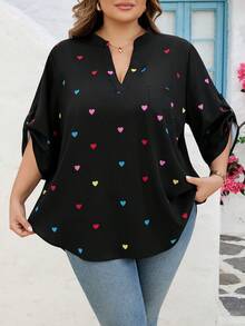 SHEIN CURVE+ 加大码女式V领爱心印花休闲日常通勤中袖衬衫/情人节/大码女式V领爱心印花休闲日常通勤中袖衬衫 - 彩色 - 查看 4