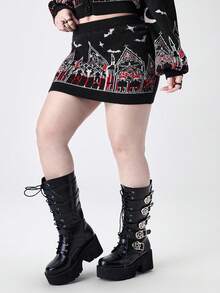 ROMWE Gothic Castle & Church Pattern Mini Bodycon Skirt For Plus Size Women - Black - View 8