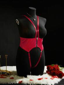 SpicyHot Đồ lót gợi cảm cỡ lớn, bộ jumpsuit da PU bóng màu đỏ hình trái tim khoét eo, khóa kéo phía trước, phối nhiều mảng màu, phong cách Y2K quyến rũ. - Đỏ - Xem 3
