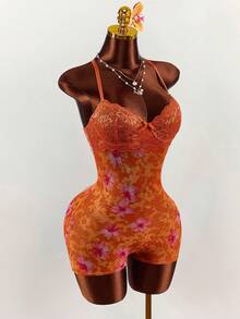 Amplova 女士蕾丝拼接无袖连体裤，热带花卉网纱蕾丝罩杯细节修身连体裤度假装束，女士度假装束，女士假日装束 - 橘色 - 查看 4