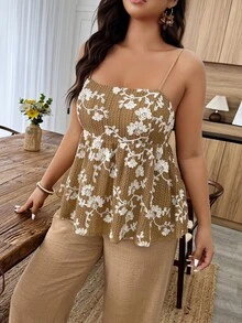 Weeklong Plus Size Women Casual Vacation Spaghetti Strap Square Neck Embroidered Ruffle Hem 2 Piece Set, Spring/Summer - Khaki - View 7