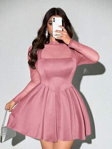 Viva Relle Plus Size Sexy & Elegant Mesh Patchwork Dress - Pink - View 5
