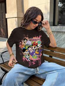 THE POWERPUFF GIRLS X SHEIN Women's Casual Cartoon Pattern Round Neck Short Sleeve T-Shirt, Summer - White - View 3