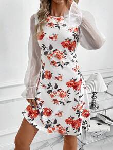 SHEIN Clasi 女士优雅印花圆领长袖短款连衣裙，秋季 - 白色 - 查看 4