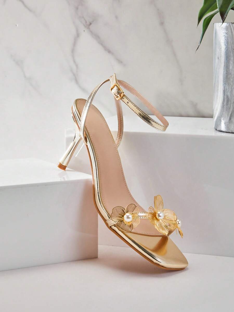 SHUZIA 女士花朵装饰细高跟凉鞋，日常派对性感优雅金属PU材质 - 金色 - 查看 1