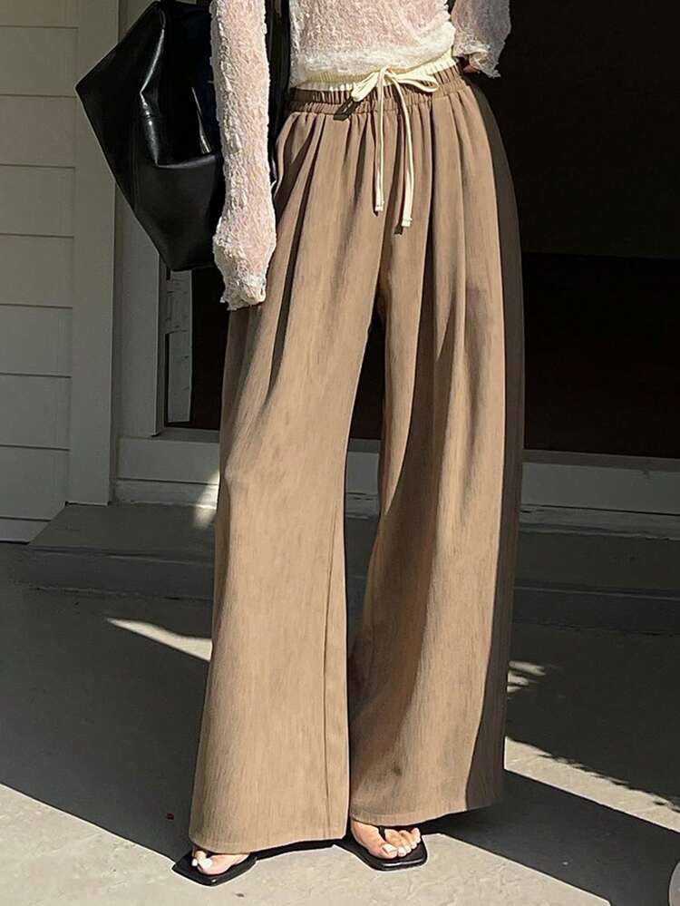 Women's Elastic Waist Tie Drawstring Wide Leg Pants, Patchwork Color Block Casual Vacation Trousers, Spring/Summer