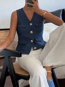 DAZY Women's Textured V-Neck Sleeveless Elegant Vacation Denim Jacket And Coat, Spring/Autumn - Blue - View 4