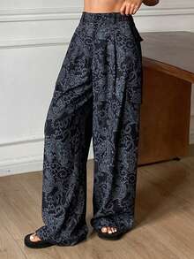 DAZY 女士宽松休闲阔腿裤，带口袋，腰果花印花，适合春秋季度假穿着 - 藏蓝色 - 查看 7