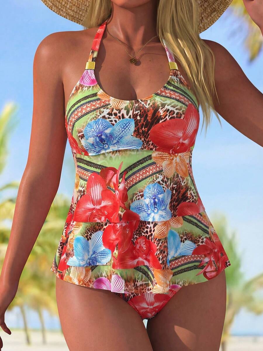 Swim Lushoire Women's Beach Spring/Summer Music Festival Flower Printed Ruffle Hem Halter Metal Jewelry Mature Fashion Women's Swimming Skirt Set - Multicolor - View 1