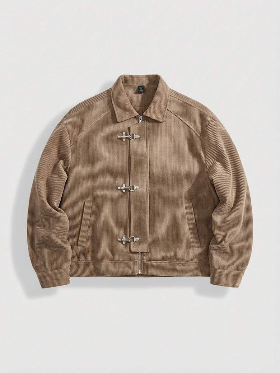 ROMWE MEN Street Life Áo khoác nam dài tay cổ ve lật chất liệu nhung kẻ, cài khuy kim loại, kiểu dáng thường ngày. - Cà phê nâu - Xem 1