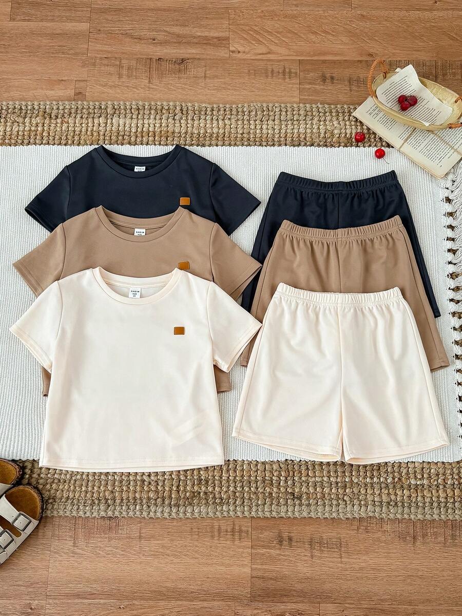 SHEIN Bộ 6 món áo thun ngắn tay và quần short trơn màu cơ bản cho trẻ em, thích hợp cho mùa xuân/hè, trang phục cho bé trai, quần áo đi học. - Màu be - Xem 1