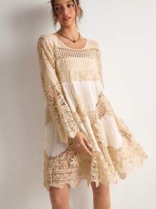 Freevana 女士时尚圆领长袖短款针织毛衣连衣裙 - 卡其色 - 查看 3