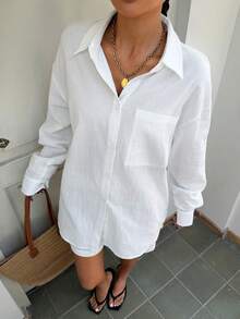 Muchica 女士休闲日常通勤简约纯色落肩宽松长袖衬衫短裤套装，春夏秋季 - 白色 - 查看 4