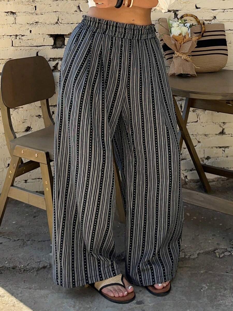Dazy Plus Elastic Waist Casual Striped Loose Wide Leg Long Pants, All Season - Navy Blue - View 1