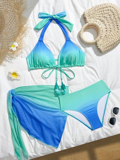 Swim Vcay Conjunto de traje de baño casual y elegante para mujer, nuevo diseño de estampado de degradado colorido para 2026, ideal para la playa, la piscina, fiestas casuales, vacaciones, primavera/verano