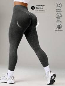 Core Rhythm Seamless High Elasticity Yoga Exercise Sports Criss-Cross Waist Sandwashed Sports Leggings - Black - View 2