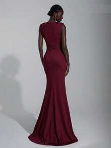 Elitara 优雅弹力针织面料泳衣，圆领带垫肩和褶皱细节，金属纽扣装饰，褶皱腰身，美人鱼廓形，侧边垂褶，适合婚礼、派对、度假、盛会和正式场合（厚款） - 酒紅色 - 查看 3