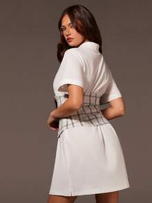 Athîral 2pcs Women's Casual White Polo Dress Set With Corset Belt, Beige Plaid Waist Cincher, Short Sleeve White Dress, Multi-Way Wear,White Dresses,Casual Women's Dresses,Vacation Outfits Women,Holiday Dress,Vacation Outfits For Women,Spring Outfit Women,Spring Break Outfits,Summer Dresses,Valentine's Day Dress,Carnival Outfit - Multicolor - View 2