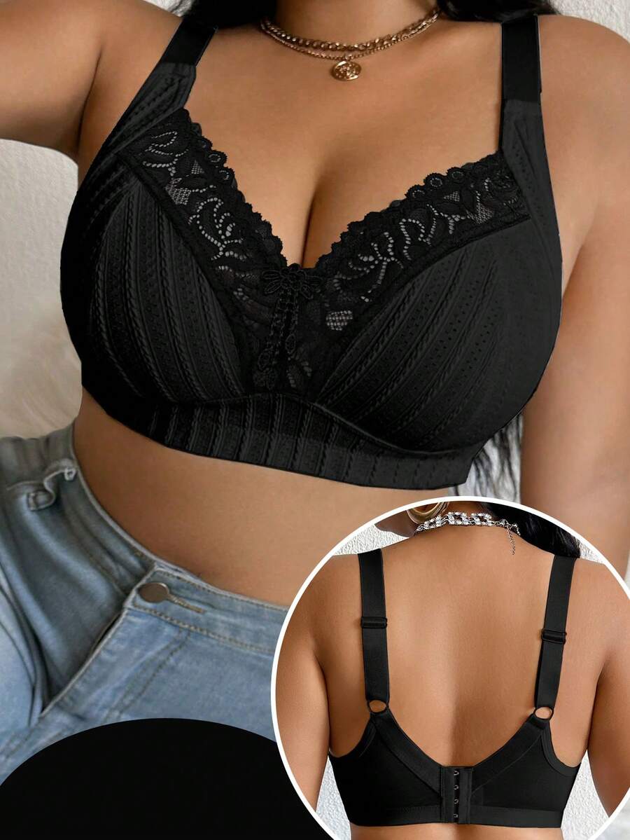 DesireSculpt 1pc Plus Size Lace Patchwork Wireless Bra - Black - View 1
