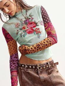 Bohemela 女士印花撞色立领长袖上衣