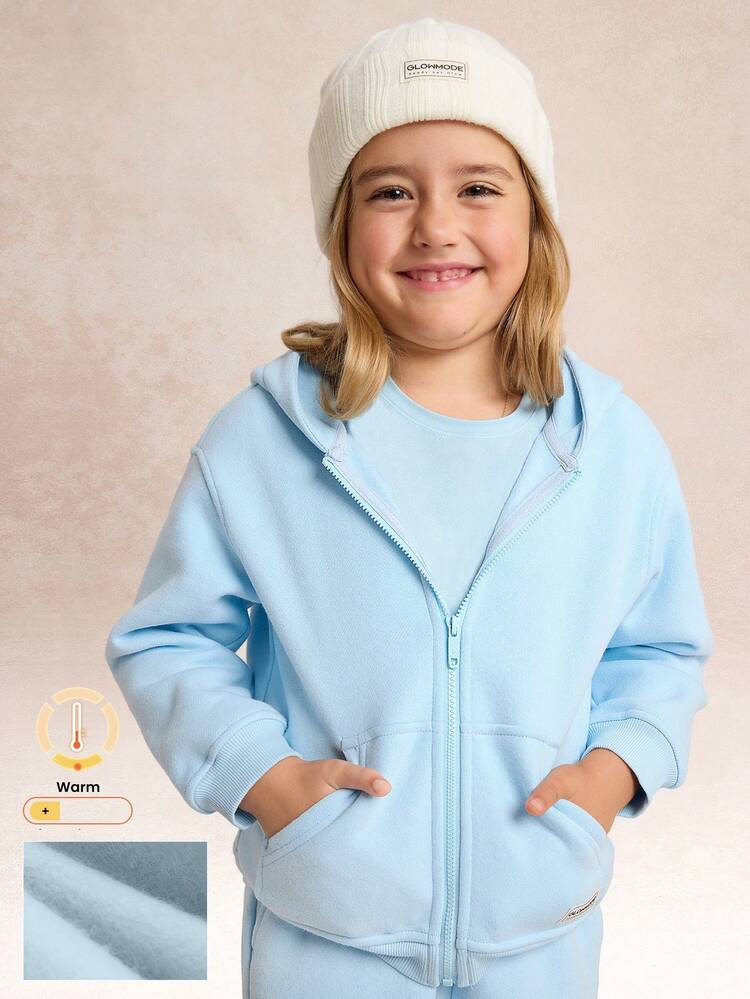 Collection pour enfants Ensemble polaire de tous les jours Enveloppez-vous Doux et chaud Coupe ample Poches latérales Veste à capuche zippée Tenue décontractée quotidienne pour l'extérieur