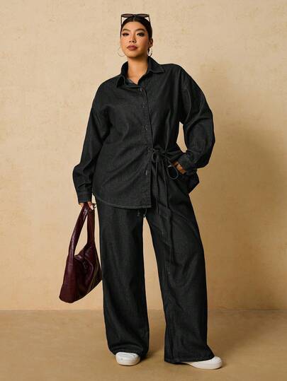 SHEIN Tall CURVE Bộ đồ đôi nữ cỡ lớn gồm áo sơ mi dài tay cài một hàng khuy có thắt lưng và quần jeans ống rộng, thích hợp cho mùa đông, Giáng sinh, Năm mới, Lễ Tạ ơn, đi làm, nghỉ lễ, tốt nghiệp, phong cách Y2K, dễ thương, thời trang đường phố, dự tiệc, đám cưới, thanh lịch, công sở, thoải mái. Bộ đồ đôi denim thoải mái cho nữ, áo dài tay có dây rút ở eo và quần jeans ống rộng, thích hợp cho các dịp lễ hội, tụ họp, mặc hàng ngày.