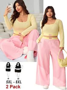 SHEIN CURVE+ 新款春秋季休闲度假两件套，字母印花长袖T恤搭配撞色长裤，奶油黄和粉色 - 彩色 - 查看 8