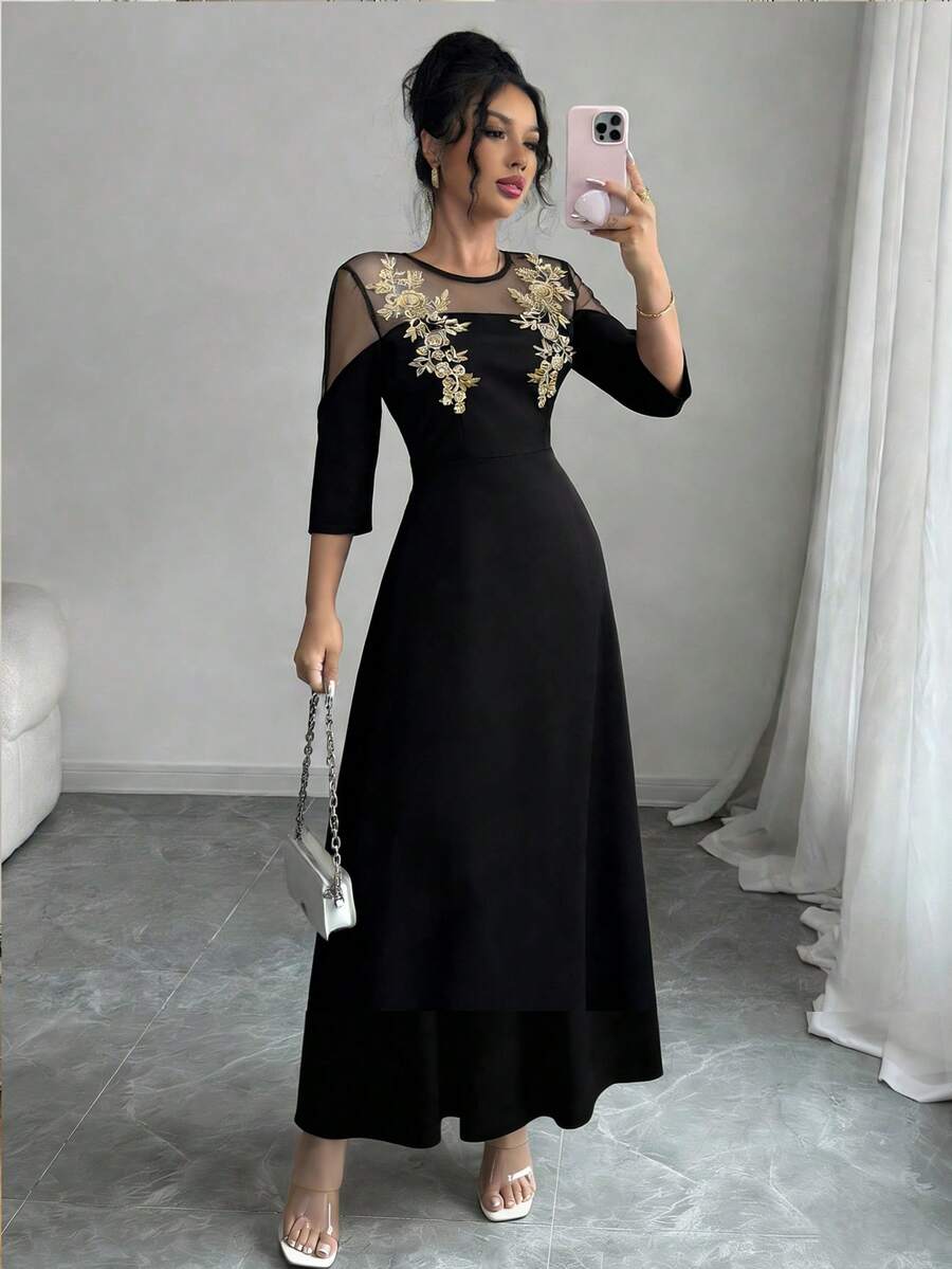 Qadelle Đầm cổ tròn thanh lịch dành cho nữ, phối lưới tương phản. - màu đen - Xem 1