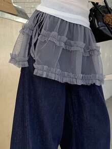 FRIFUL Women's Solid Color Sheer Mesh Fabric Layered Tie Frill Trim Loose Casual Versatile Skirt - Grey - View 4
