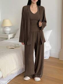 DAZY Bộ 3 món đồ mặc nhà cho nữ gồm áo choàng dệt kim gân, áo hai dây và quần dài, thích hợp cho mùa đông. - màu nâu - Xem 4