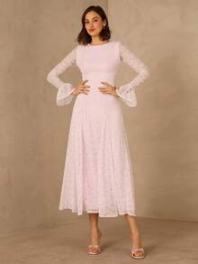 Enchnt Đầm dài nữ thanh lịch với tay áo xếp ly ren, thắt eo, thích hợp cho các buổi tiệc, liên hoan và hẹn hò. - Hồng - Xem 5