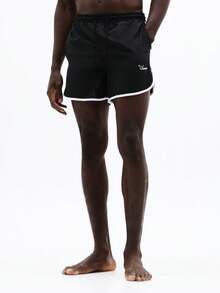 Nylonowe spodenki kąpielowe SUMWON z białą lamówką, idealne na lato, na plażę, na wakacje, na co dzień, z elastycznym pasem, ze sznurkiem ściągającym, regulowane, wygodne, na wakacje - Czarne - Zobacz 3