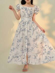 DAZY 荷叶袖、荷叶边、碎花吊带连衣裙，优雅办公室圆领连衣裙，夏季长款连衣裙 - 灰藍色 - 查看 6