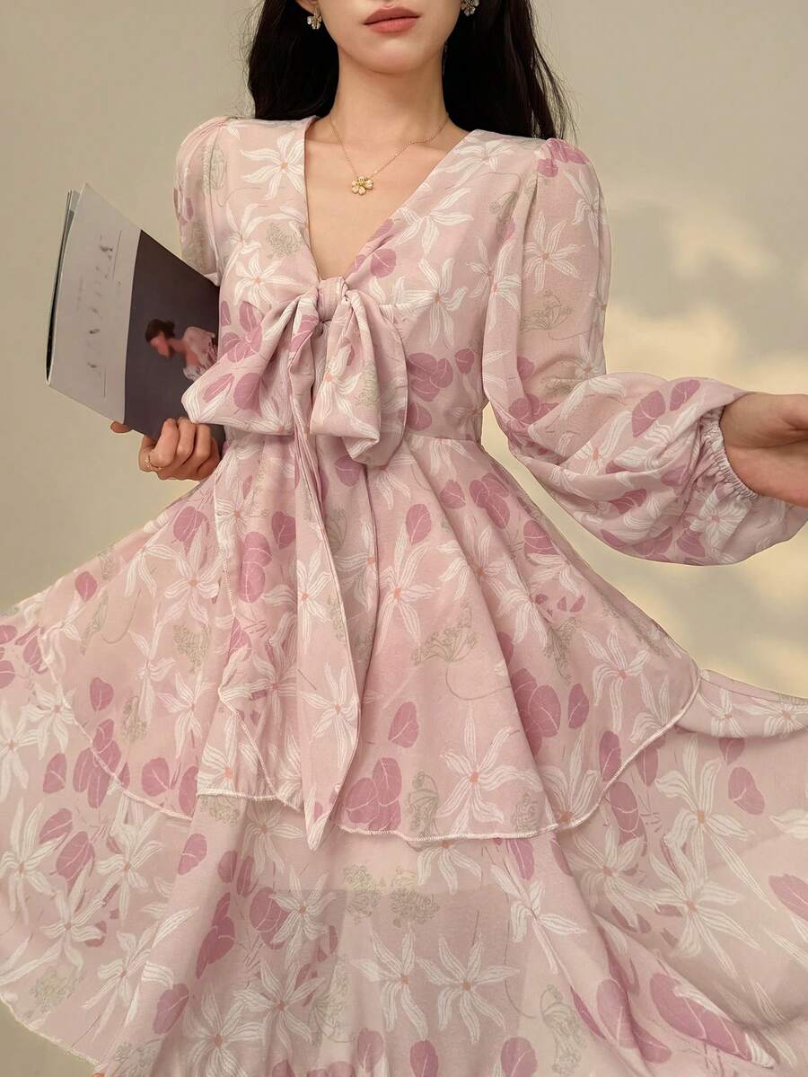 DAZY 法式粉色碎花V领长袖连衣裙，系带雪纺A字迷你裙，春季吊带裙 - 彩色 - 查看 1