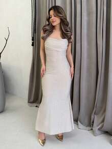 Jemour 1 件女士香槟色褶皱胸围鱼尾下摆长裙、礼服、海滩女士服装、派对女士连衣裙、新年前夜连衣裙、节日连衣裙、感恩节、波西米亚风 - 香檳色 - 查看 4