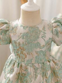 Glamorique Kids 女婴公主裙，蝴蝶结，绿色花卉提花面料，高品质面料，优雅提花连衣裙，适合中东、欧洲、美洲，奢华派对礼服，表演用女婴优雅连衣裙，绿色复古女婴连衣裙，薄荷绿女婴公主裙，优雅蓬蓬女婴连衣裙，欧式女婴连衣裙 - 綠色 - 查看 4