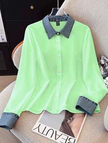 Lyxana Women's Casual Patchwork Denim Effect Shirt, Autumn/Winter - Green - View 3